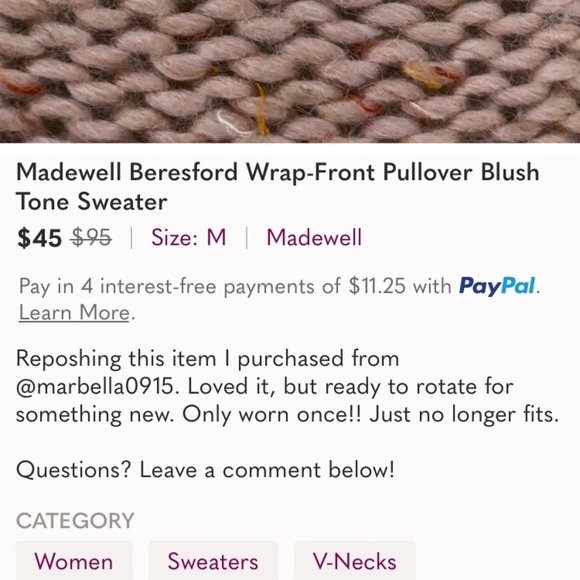 Madewell Beresford wool blend powder pink toned wrap front sweater. Size Large - Picture 9 of 9